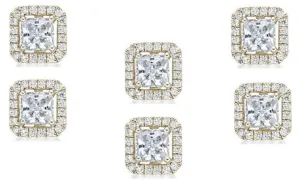 18k Yellow Gold Plated 6mm 4Ct Princess Cut White Sapphire Set of Three Halo Stud Earrings