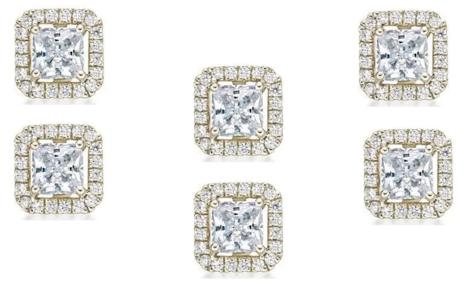 18k Yellow Gold Plated 6mm 4Ct Princess Cut White Sapphire Set of Three Halo Stud Earrings