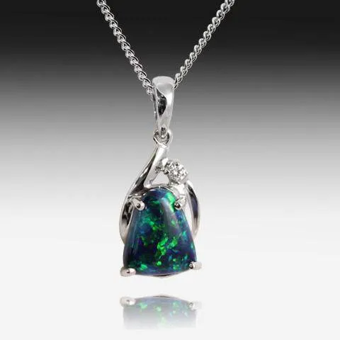 18KT WHITE GOLD BLACK OPAL AND DIAMOND PENDANT