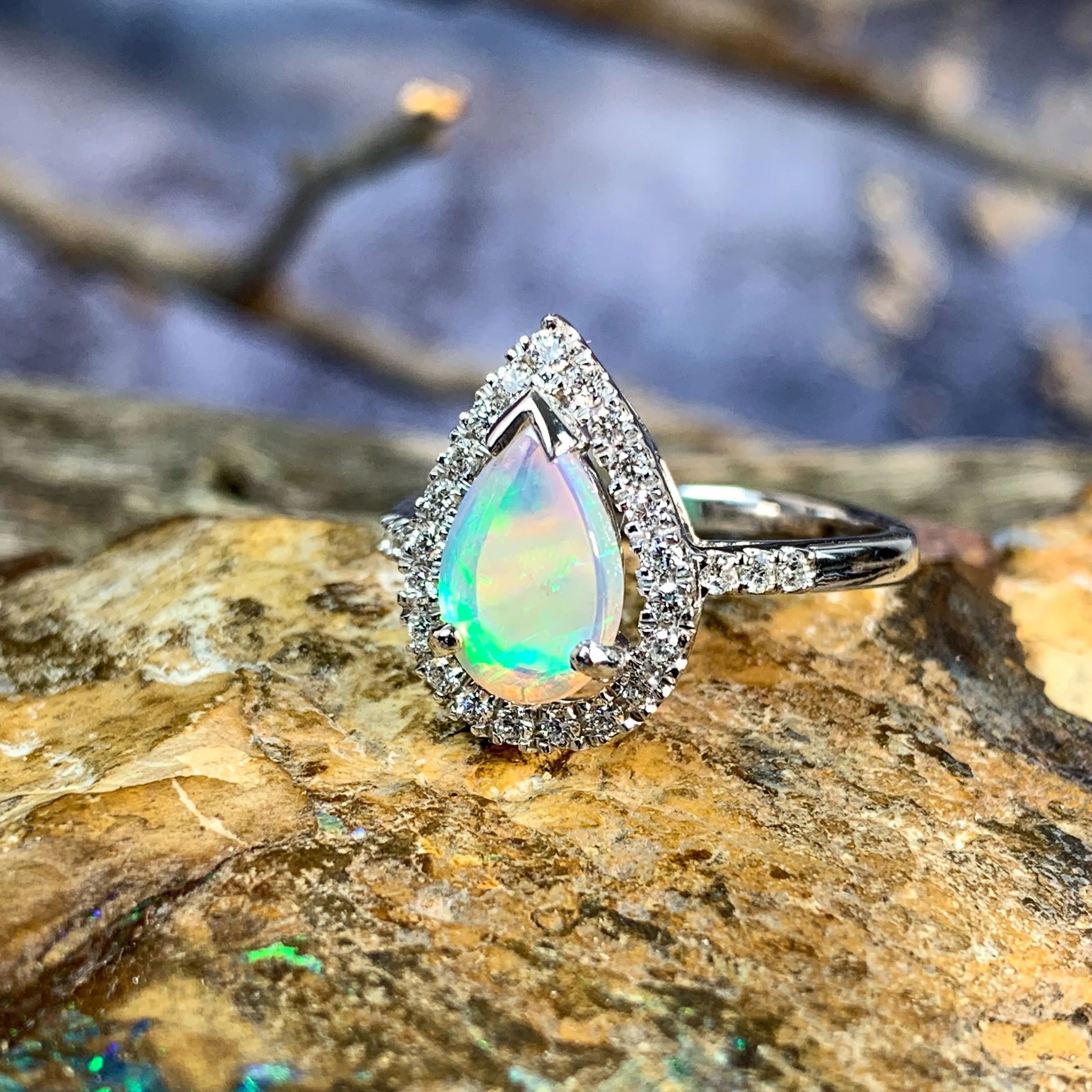 18kt White Gold Pear shape Opal and Diamond ring