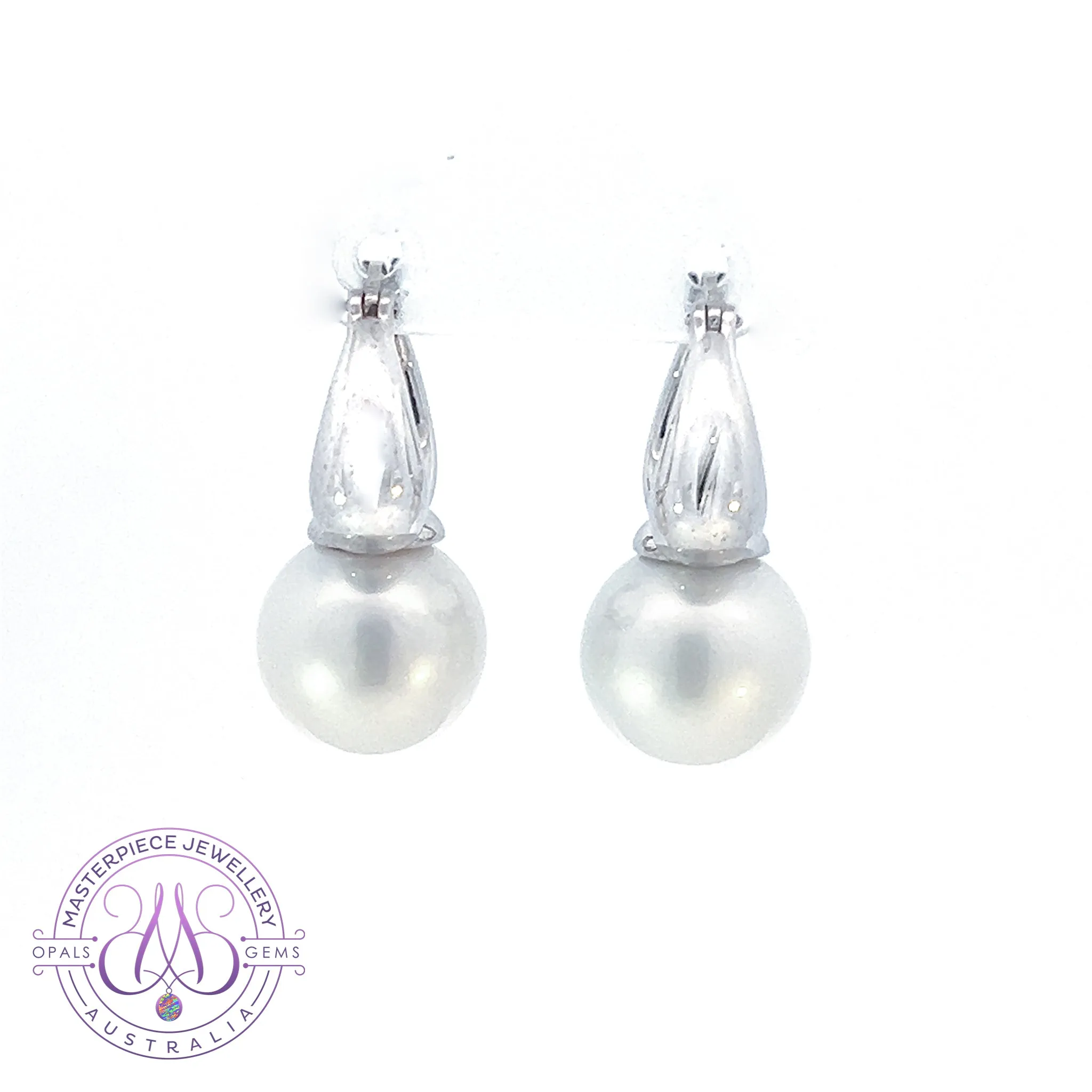 18kt White Gold Soft White South Sea 12-12.5mm huggie style earrings