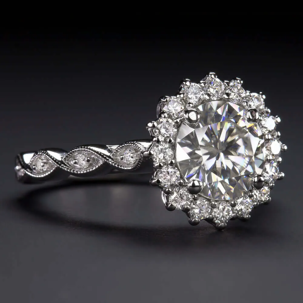 2 CARAT MOISSANITE NATURAL DIAMOND ENGAGEMENT RING WHITE GOLD HALO ROUND CUT 2ct