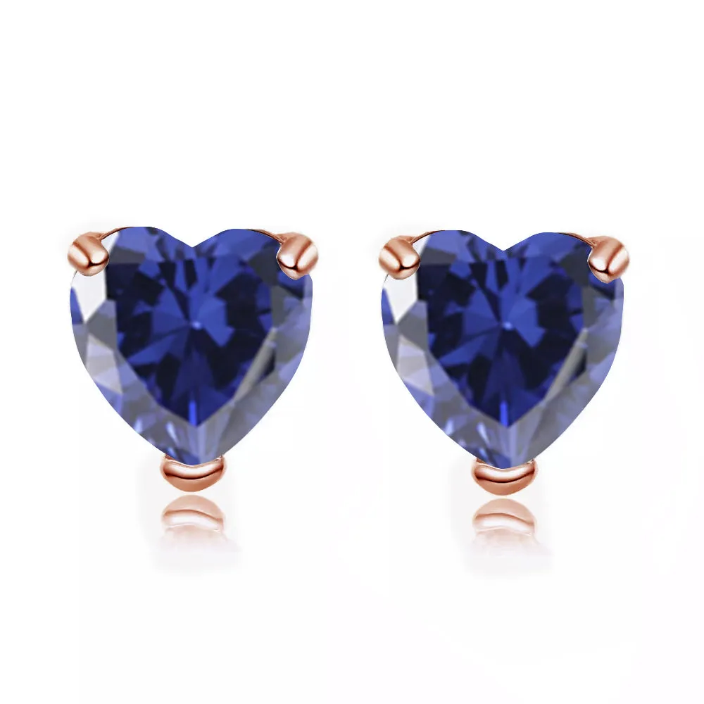 24k Rose Gold Plated 2 Carat Heart Created Blue Sapphire Stud Earrings