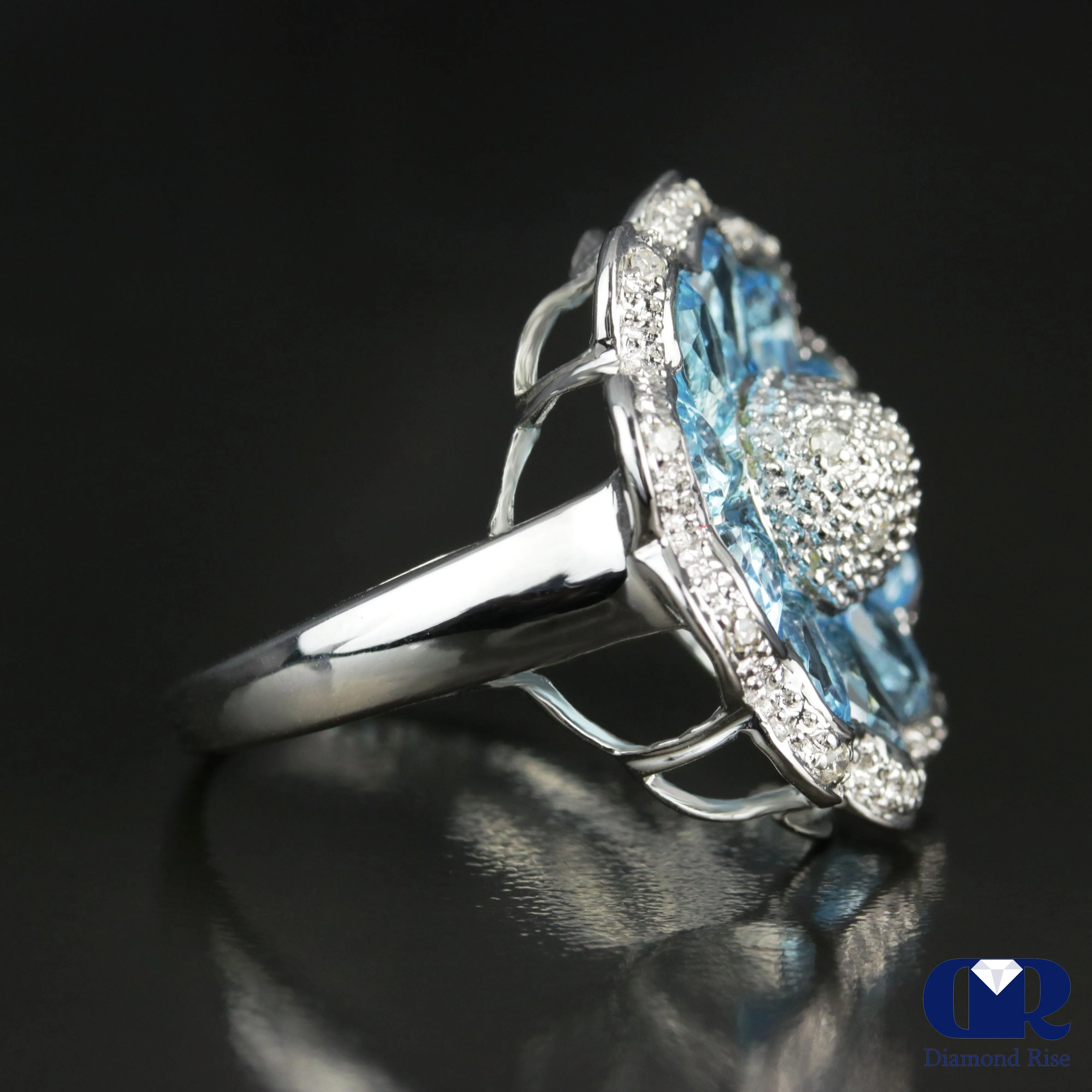 5.50 Ct Blue Topaz & Diamond Cocktail & Right Hand Ring In 18K White Gold