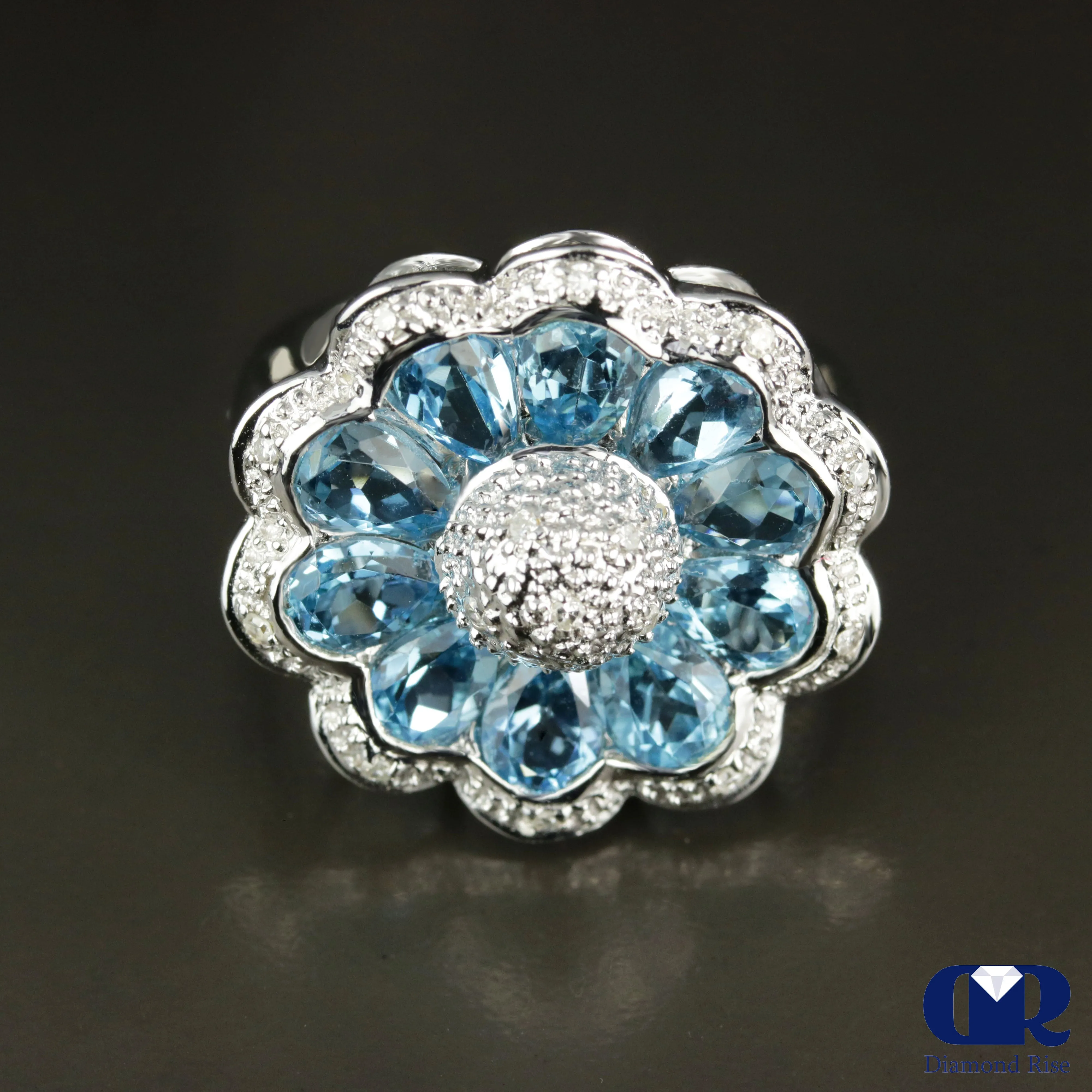 5.50 Ct Blue Topaz & Diamond Cocktail & Right Hand Ring In 18K White Gold