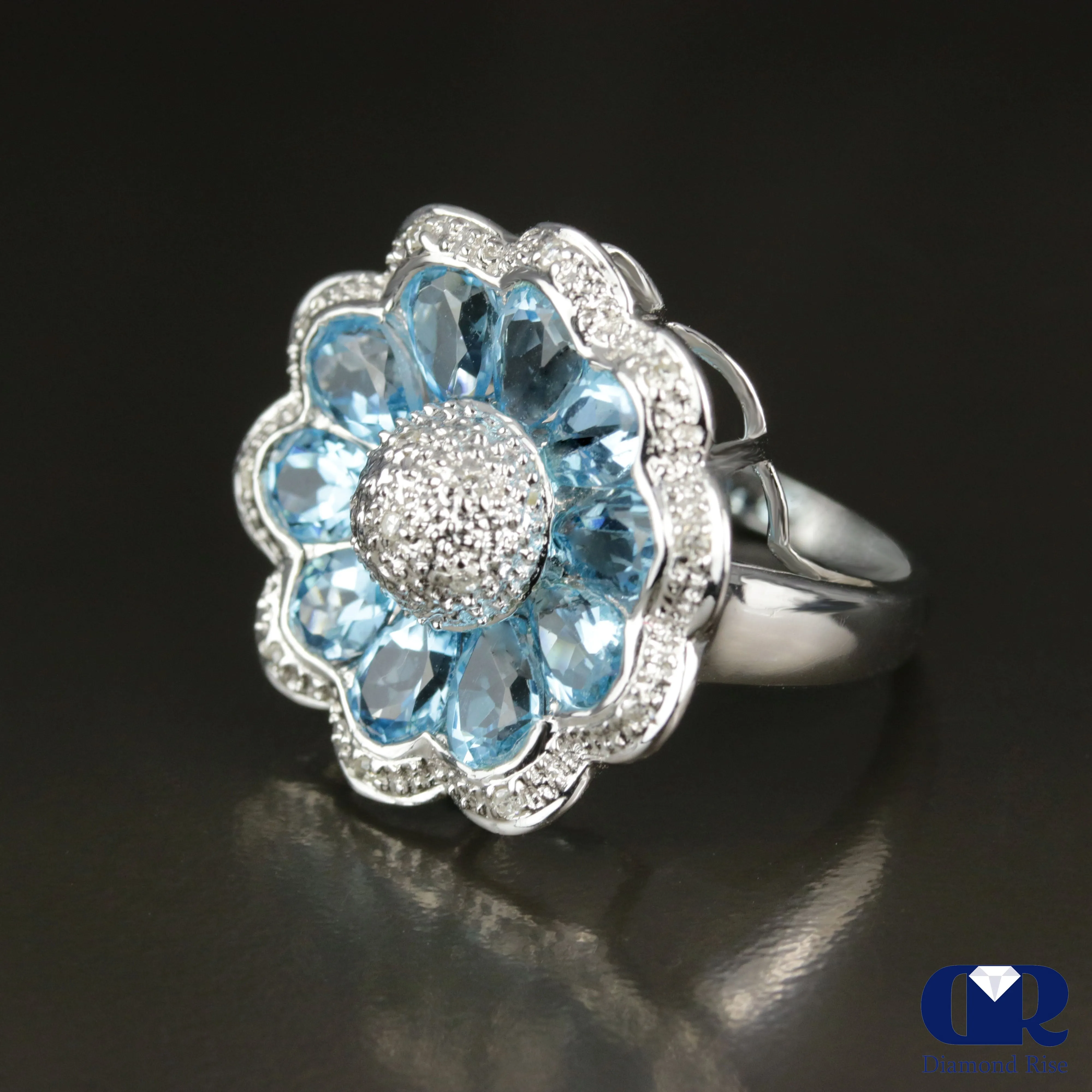 5.50 Ct Blue Topaz & Diamond Cocktail & Right Hand Ring In 18K White Gold