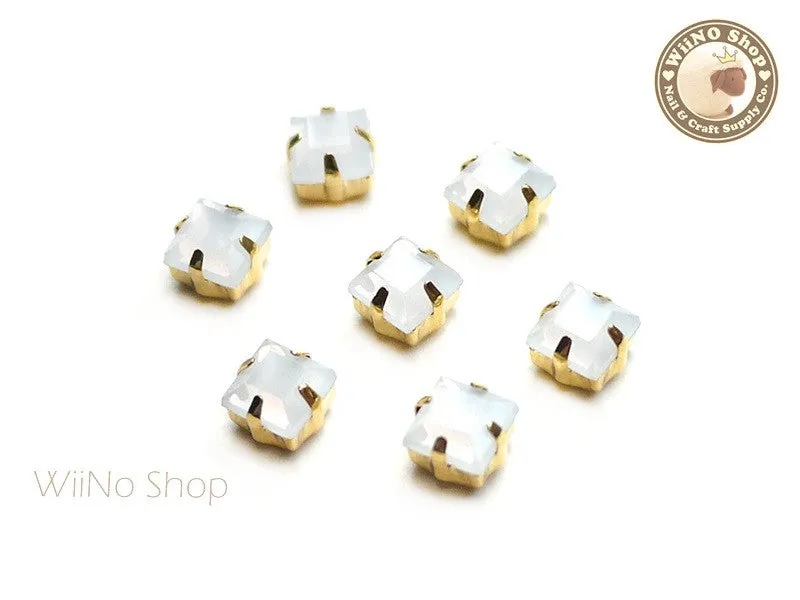 5mm White Opal Square Acrylic Rhinestone with Setting - 5 pcs