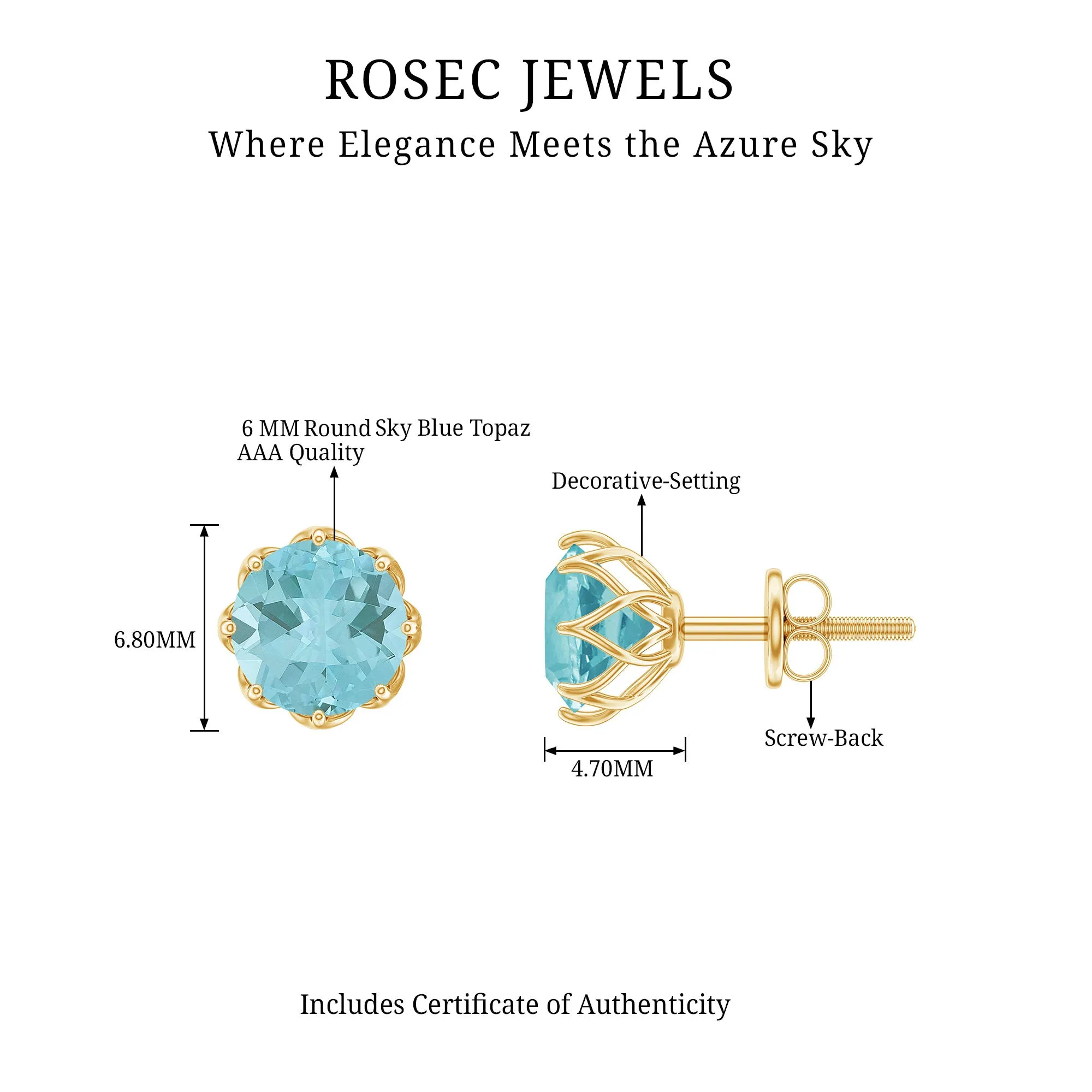 6 MM Decorative Sky Blue Topaz Solitaire Stud Earrings
