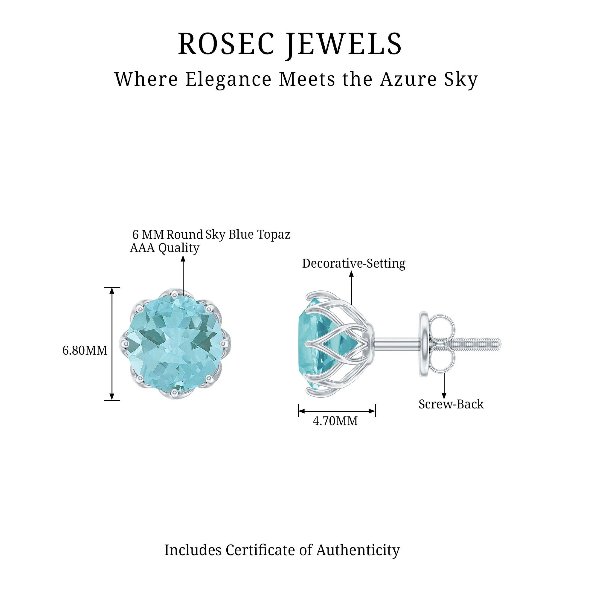 6 MM Decorative Sky Blue Topaz Solitaire Stud Earrings