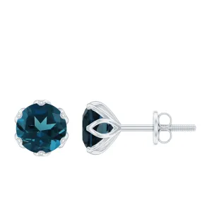 6 MM Round Cut London Blue Topaz Solitaire Stud Earrings for Women