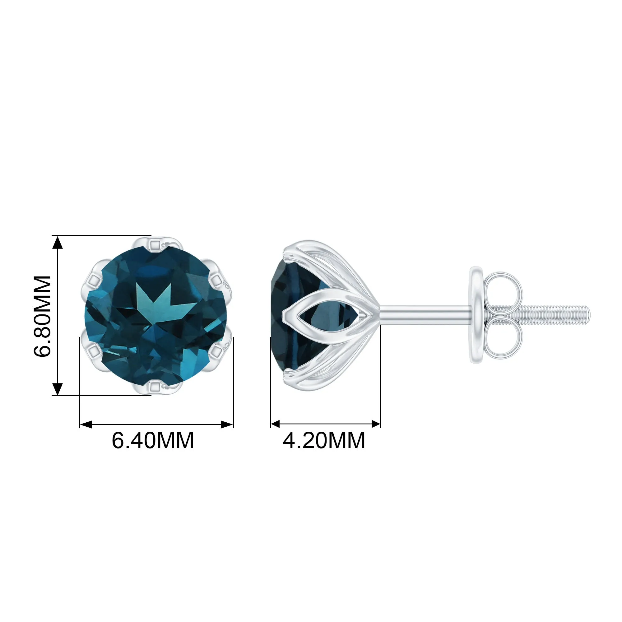6 MM Round Cut London Blue Topaz Solitaire Stud Earrings for Women