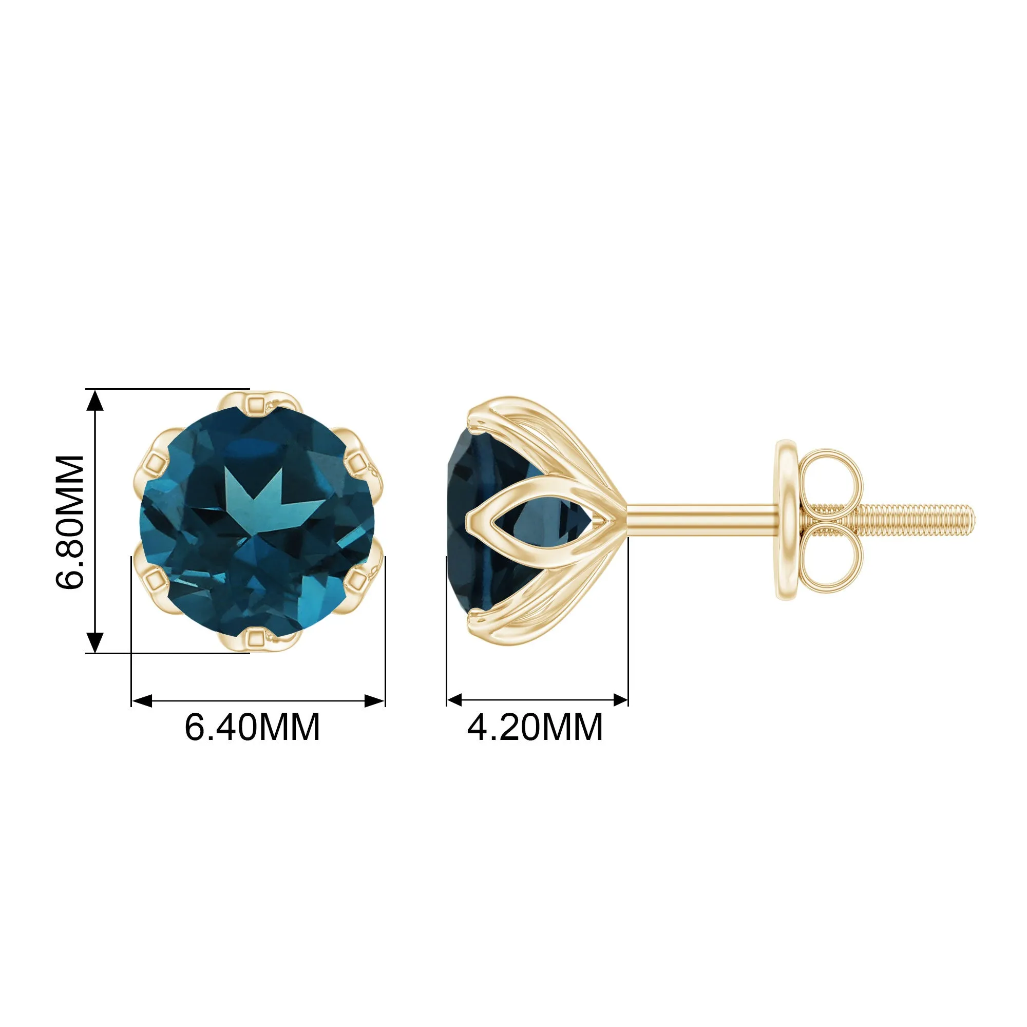 6 MM Round Cut London Blue Topaz Solitaire Stud Earrings for Women
