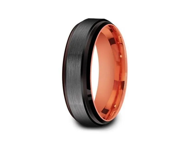 6MM Brushed GRAY GUNMETAL Tungsten Wedding Band BLACK EDGES AND ROSE GOLD INTERIOR
