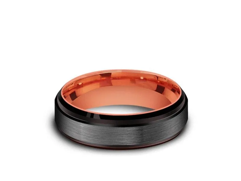 6MM Brushed GRAY GUNMETAL Tungsten Wedding Band BLACK EDGES AND ROSE GOLD INTERIOR