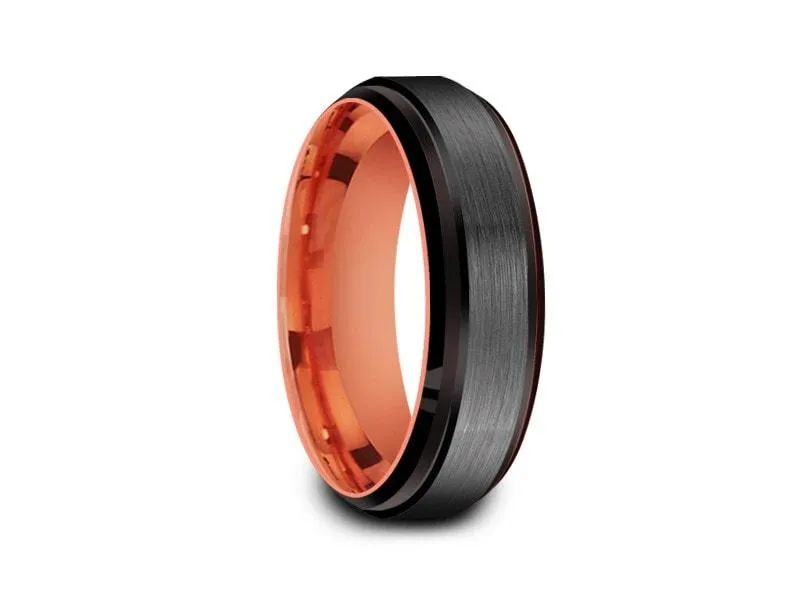 6MM Brushed GRAY GUNMETAL Tungsten Wedding Band BLACK EDGES AND ROSE GOLD INTERIOR