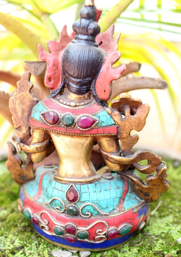 6" High Glowing Green Tara Statue with Inlaid Turquoise