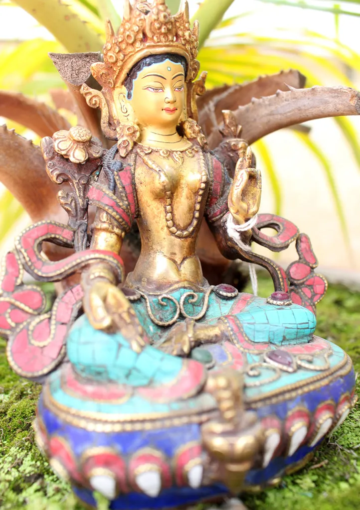 6" High Glowing Green Tara Statue with Inlaid Turquoise