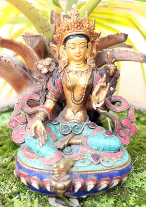 6" High Glowing Green Tara Statue with Inlaid Turquoise