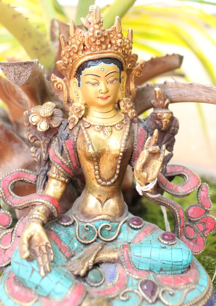 6" High Glowing Green Tara Statue with Inlaid Turquoise