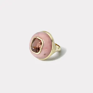 7ct Cushion Salmon Red Tourmaline in Hand Carved Pink Opal Lollipop Ring