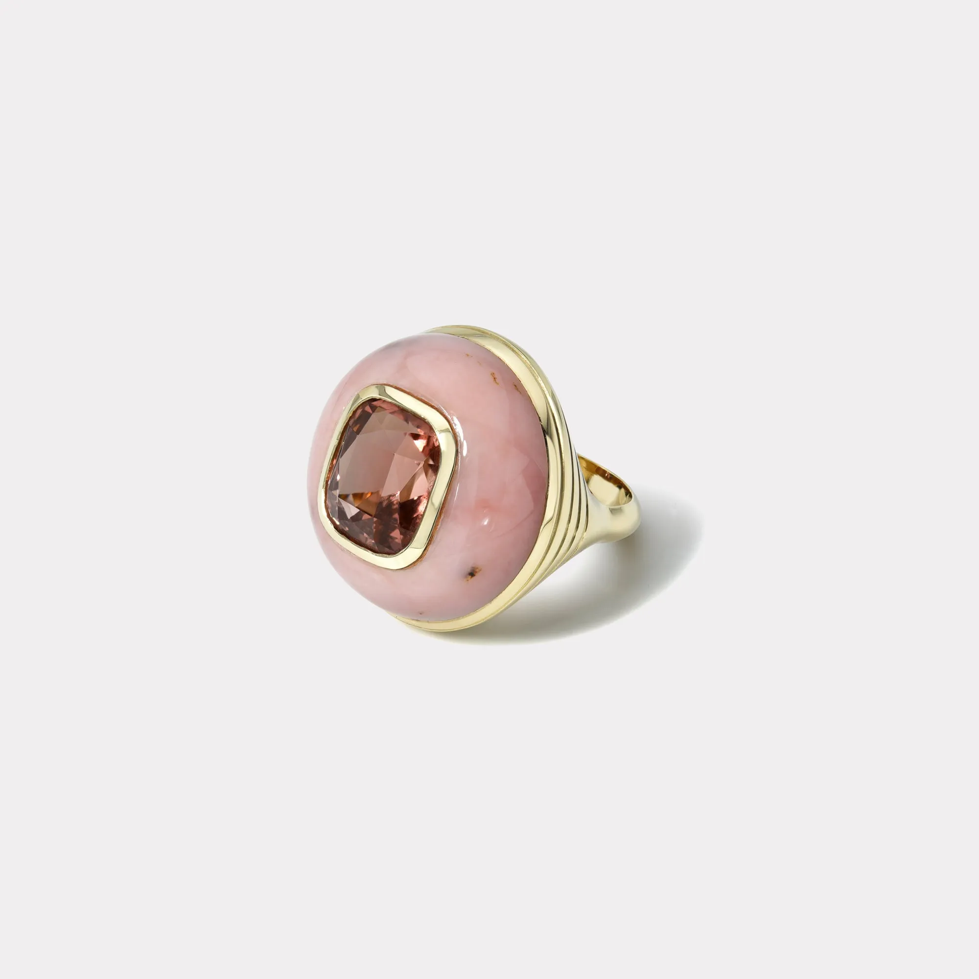 7ct Cushion Salmon Red Tourmaline in Hand Carved Pink Opal Lollipop Ring