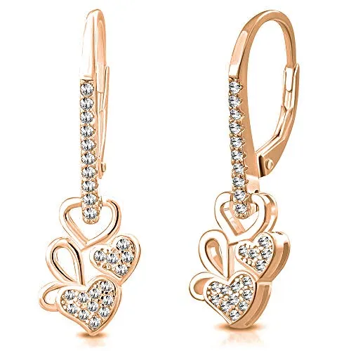 925 Sterling Silver Rose Gold-Tone White Clear CZ Love Heart Drop Dangle Earrings, 1.15"