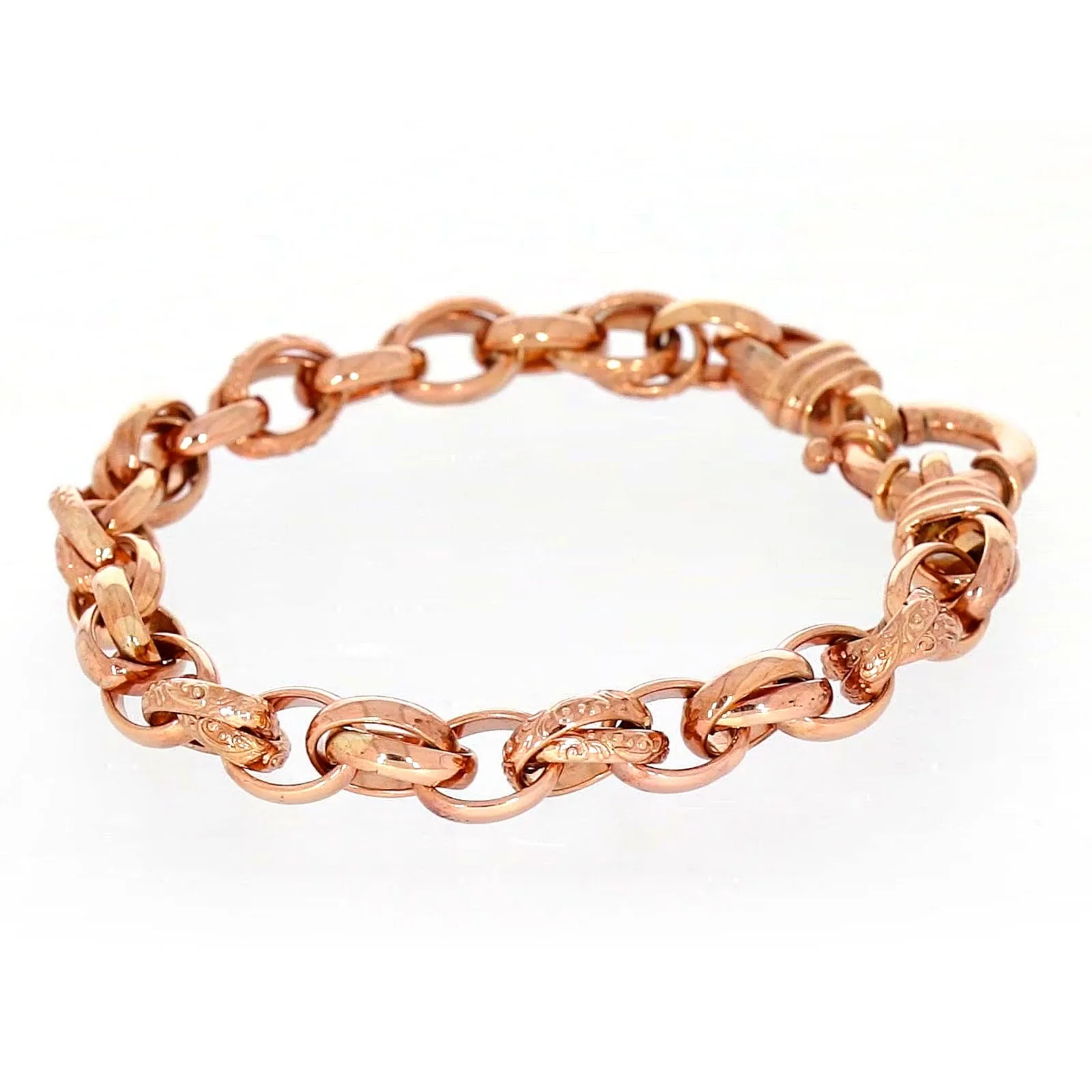 9ct Rose Gold Silver Filled 19cm Belcher Bracelet with Cubic Zirconia & Bolt Ring