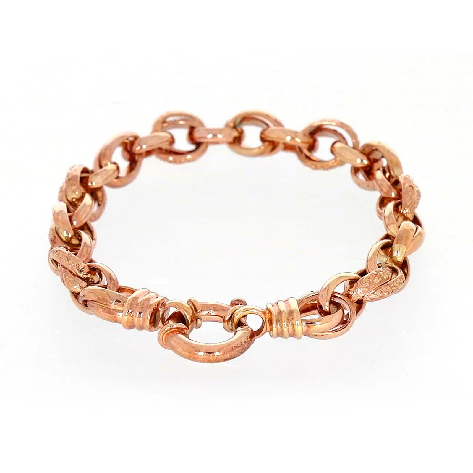 9ct Rose Gold Silver Filled 19cm Belcher Bracelet with Cubic Zirconia & Bolt Ring