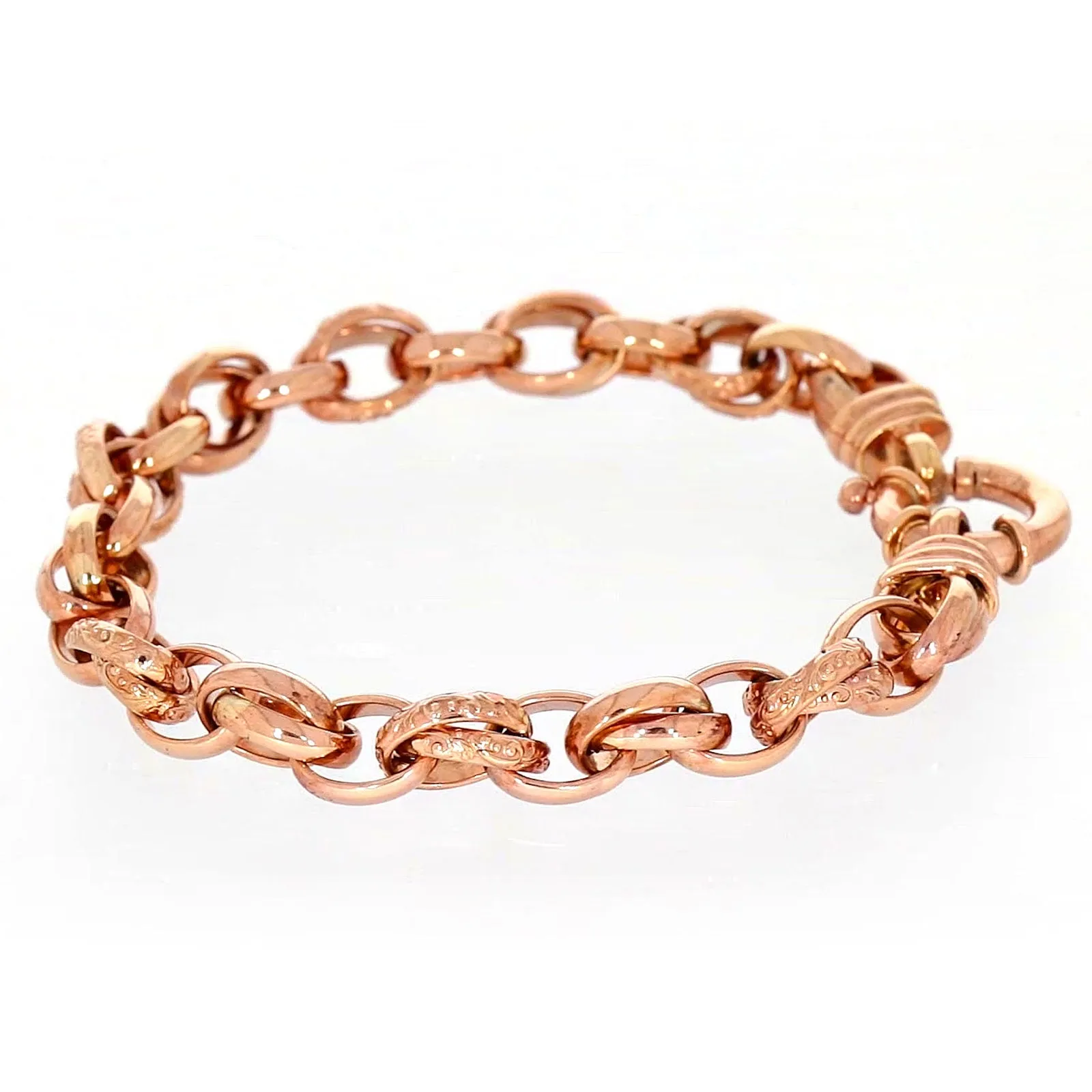9ct Rose Gold Silver Filled 19cm Belcher Bracelet with Cubic Zirconia & Bolt Ring