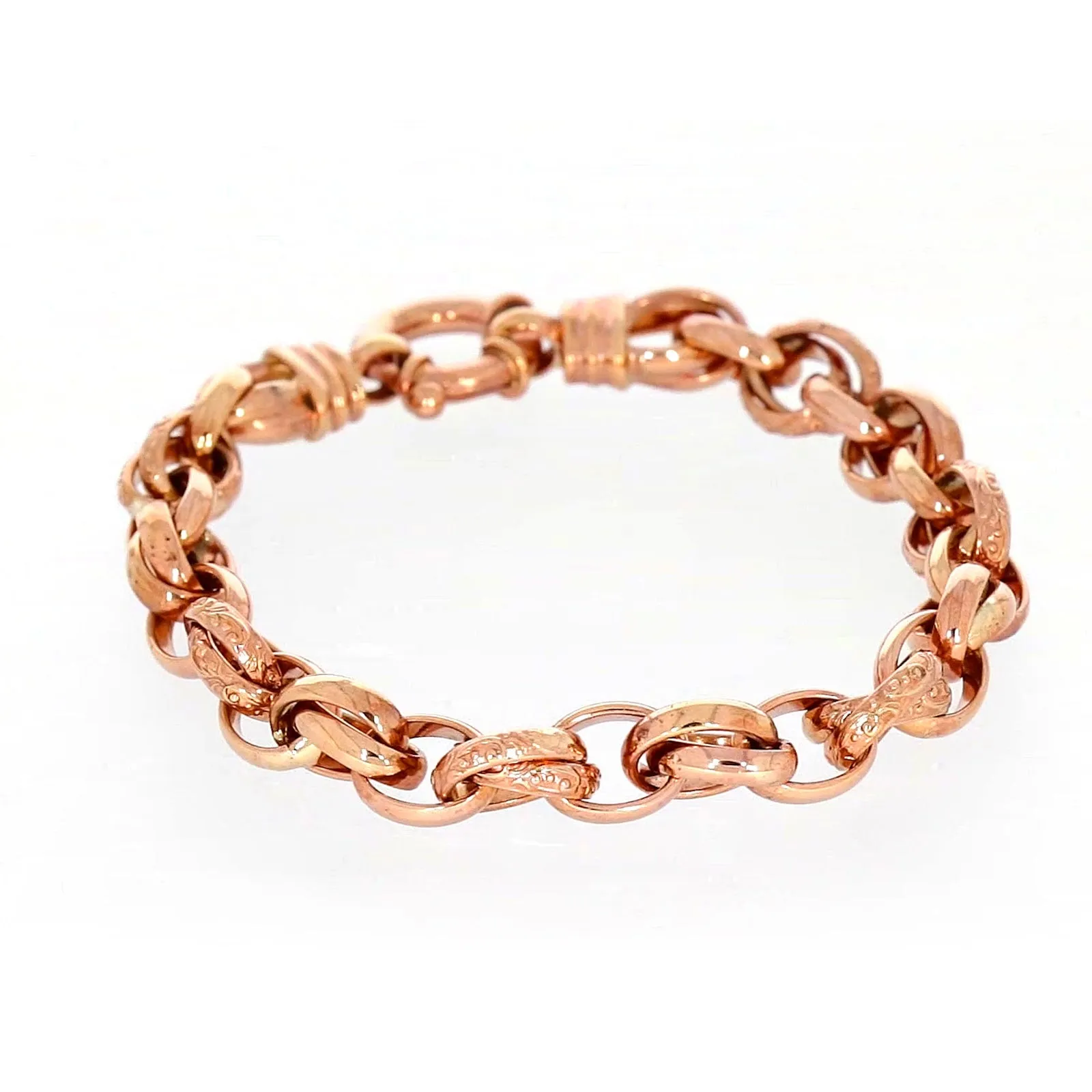 9ct Rose Gold Silver Filled 19cm Belcher Bracelet with Cubic Zirconia & Bolt Ring