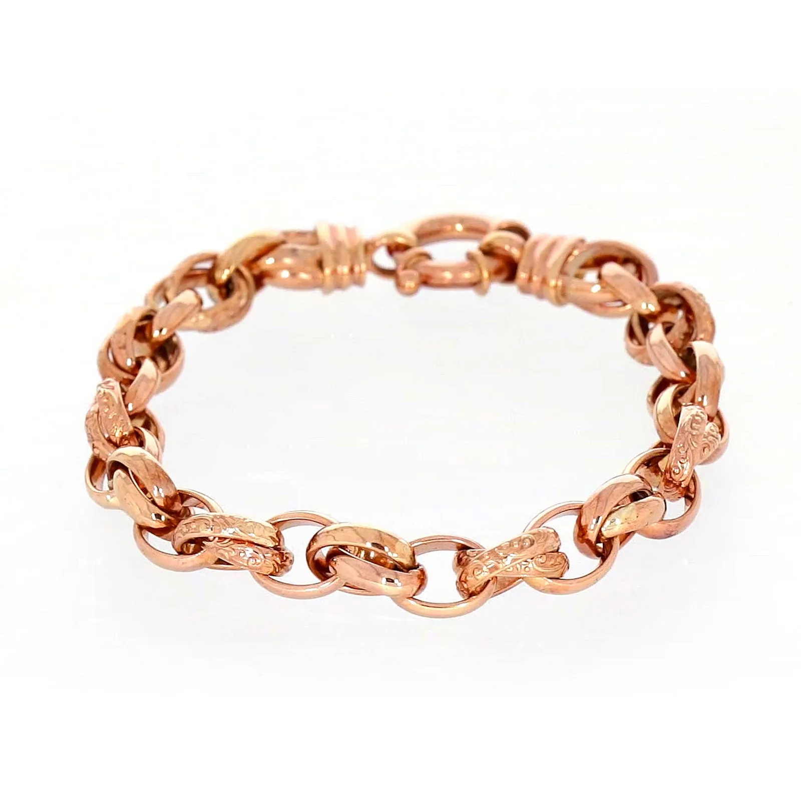 9ct Rose Gold Silver Filled 19cm Belcher Bracelet with Cubic Zirconia & Bolt Ring