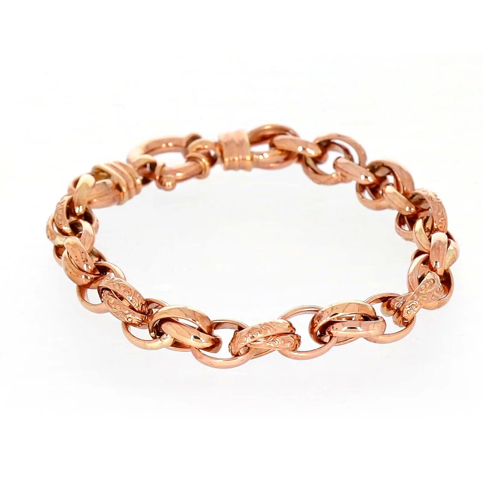 9ct Rose Gold Silver Filled 19cm Belcher Bracelet with Cubic Zirconia & Bolt Ring