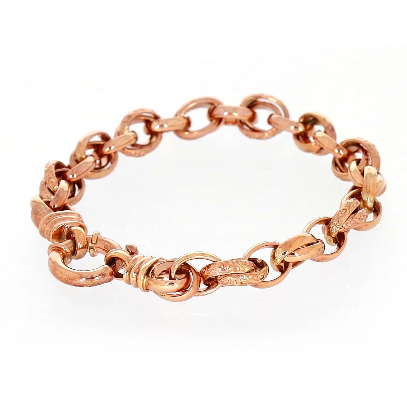 9ct Rose Gold Silver Filled 19cm Belcher Bracelet with Cubic Zirconia & Bolt Ring
