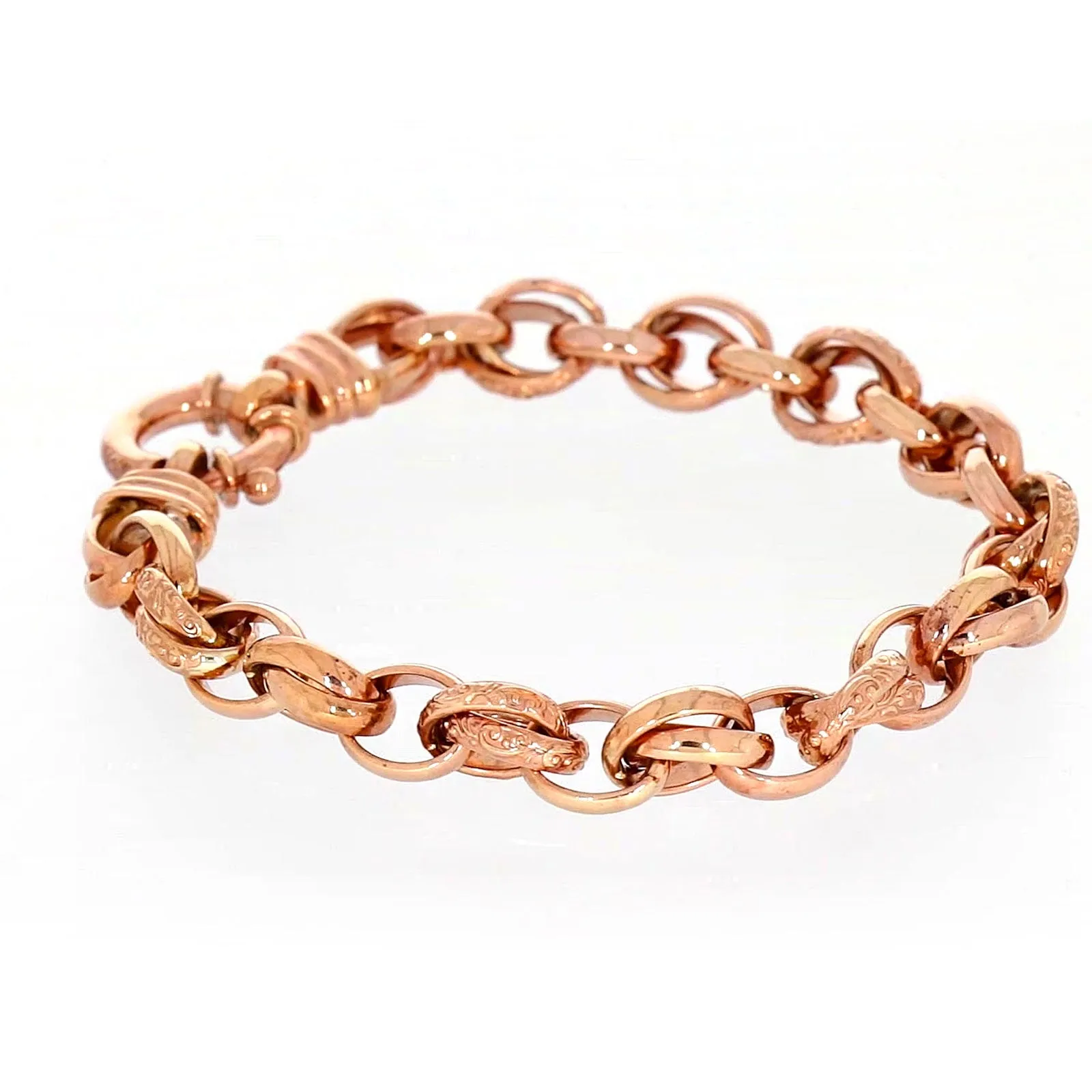 9ct Rose Gold Silver Filled 19cm Belcher Bracelet with Cubic Zirconia & Bolt Ring