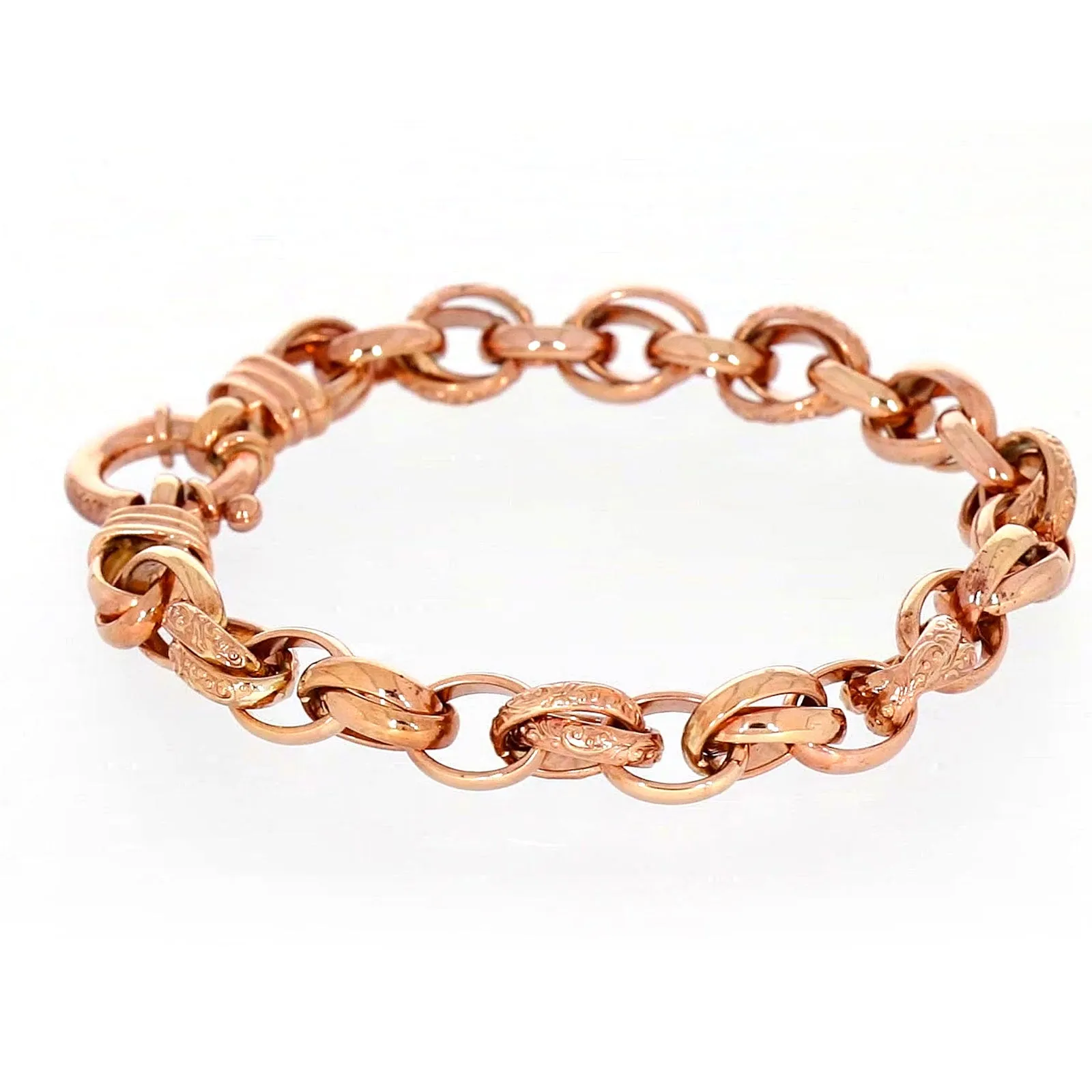 9ct Rose Gold Silver Filled 19cm Belcher Bracelet with Cubic Zirconia & Bolt Ring