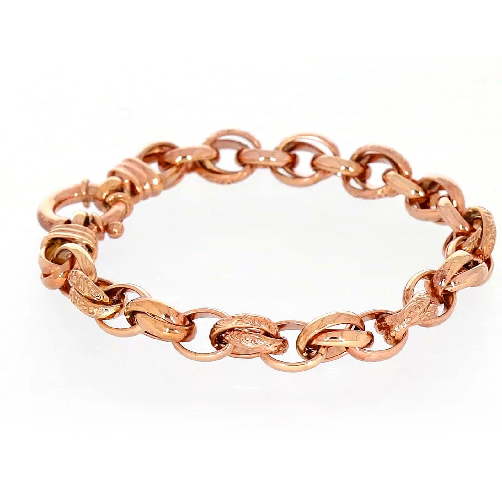 9ct Rose Gold Silver Filled 19cm Belcher Bracelet with Cubic Zirconia & Bolt Ring