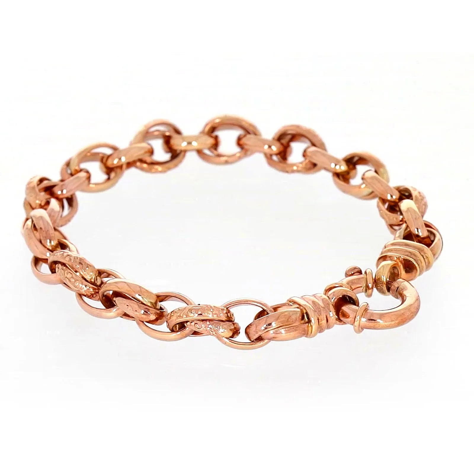 9ct Rose Gold Silver Filled 19cm Belcher Bracelet with Cubic Zirconia & Bolt Ring