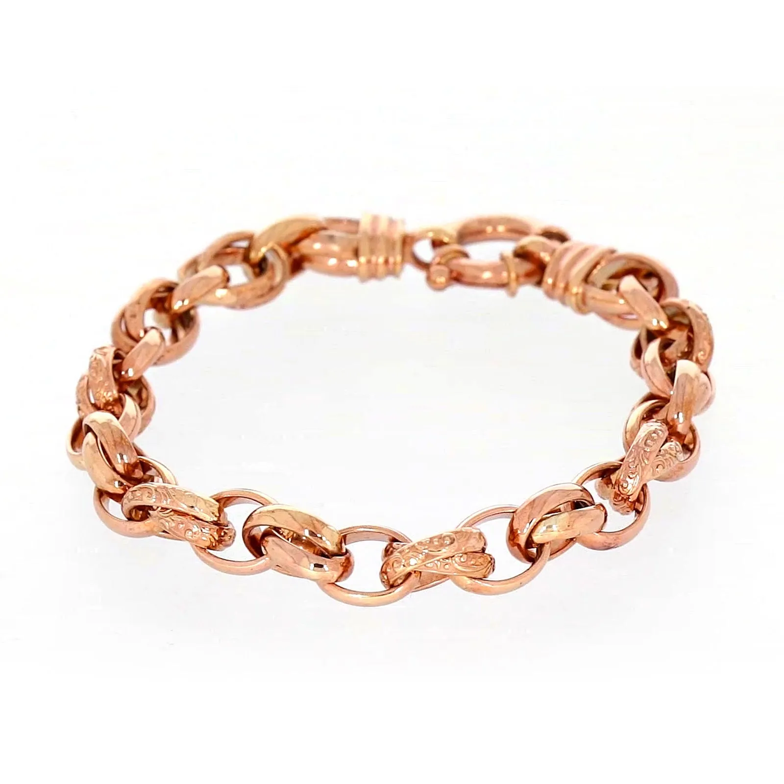 9ct Rose Gold Silver Filled 19cm Belcher Bracelet with Cubic Zirconia & Bolt Ring