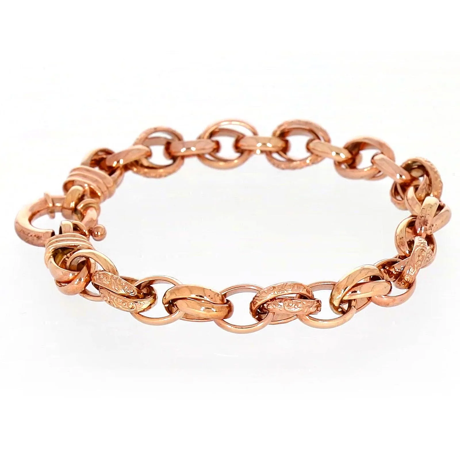9ct Rose Gold Silver Filled 19cm Belcher Bracelet with Cubic Zirconia & Bolt Ring