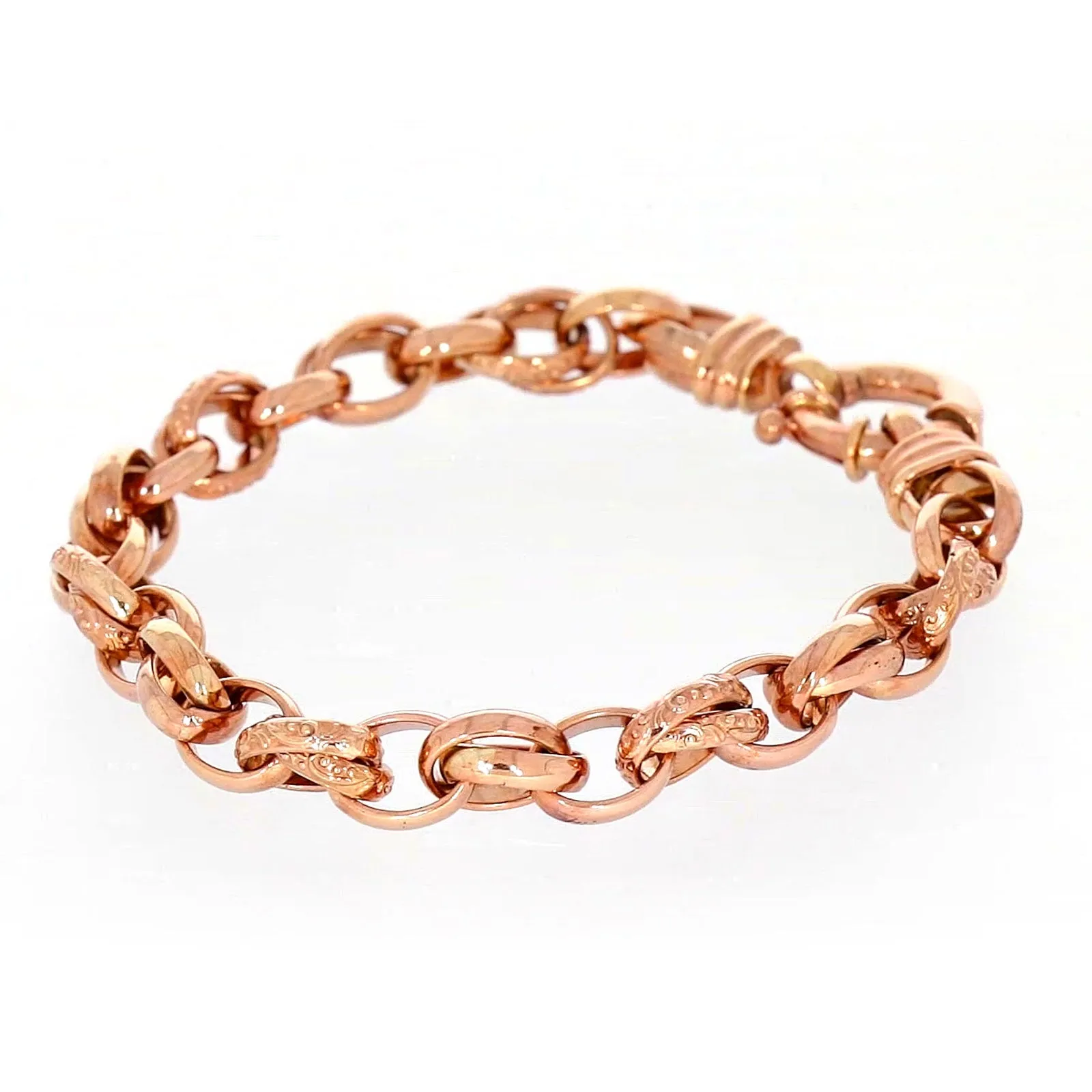 9ct Rose Gold Silver Filled 19cm Belcher Bracelet with Cubic Zirconia & Bolt Ring