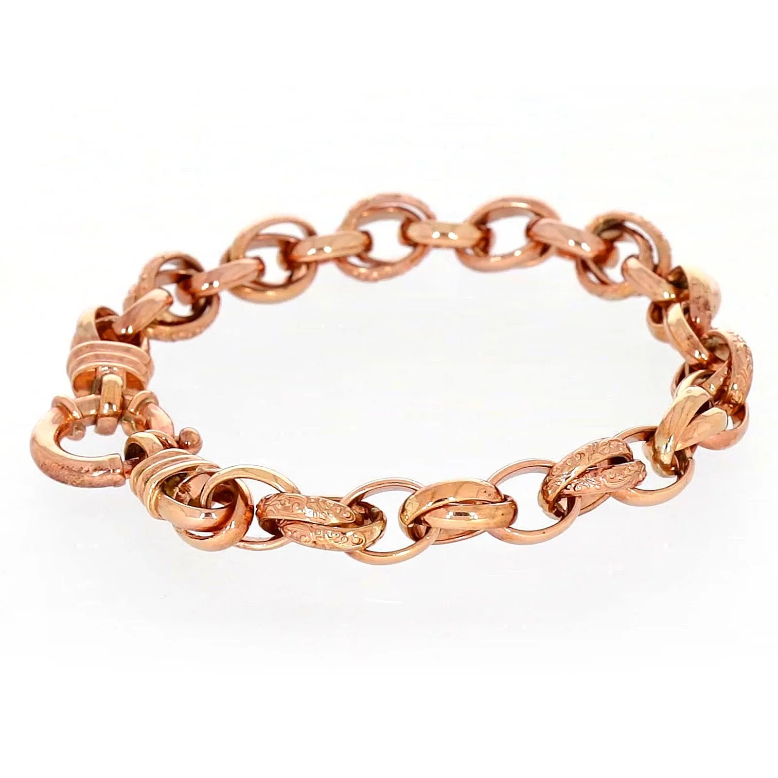 9ct Rose Gold Silver Filled 19cm Belcher Bracelet with Cubic Zirconia & Bolt Ring