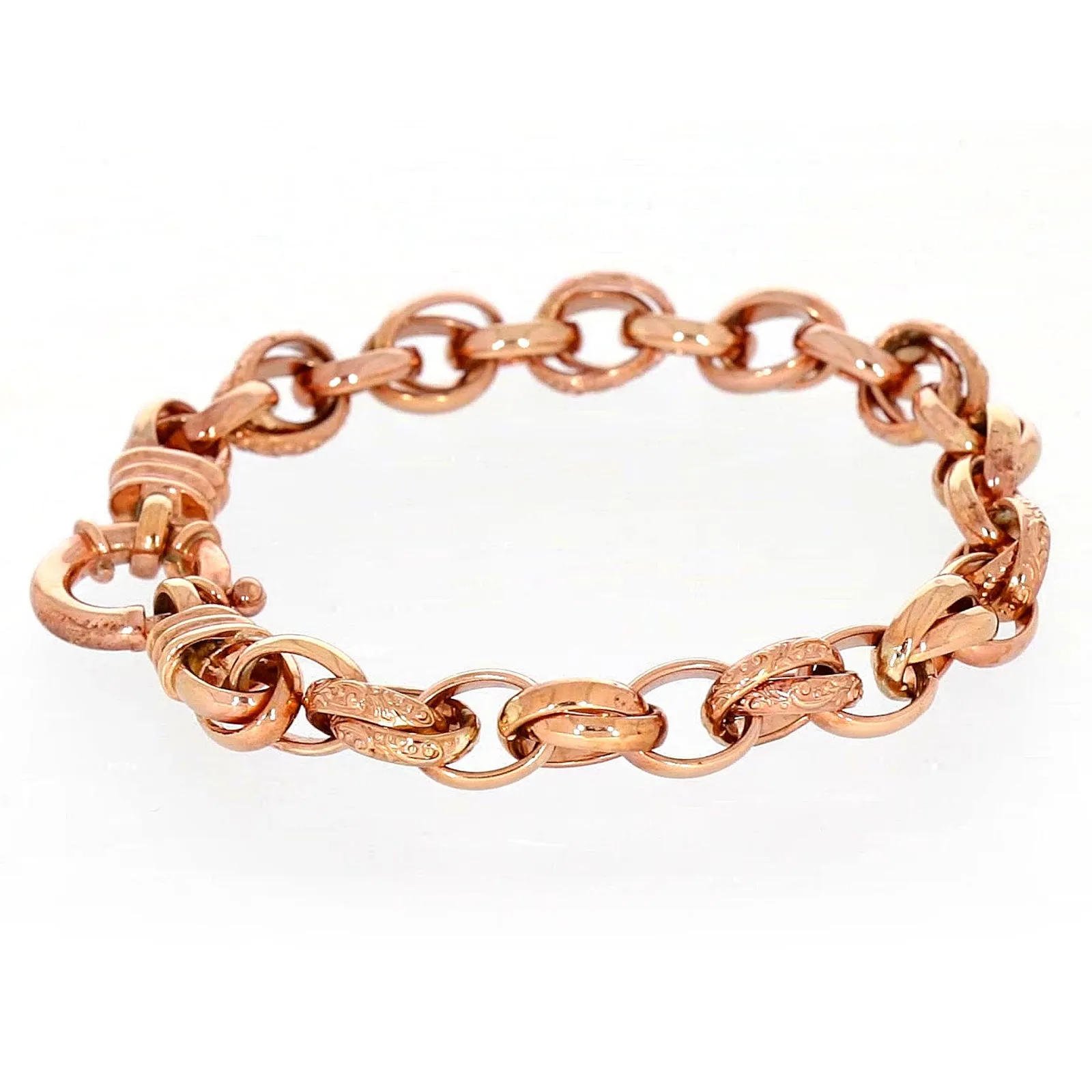9ct Rose Gold Silver Filled 19cm Belcher Bracelet with Cubic Zirconia & Bolt Ring