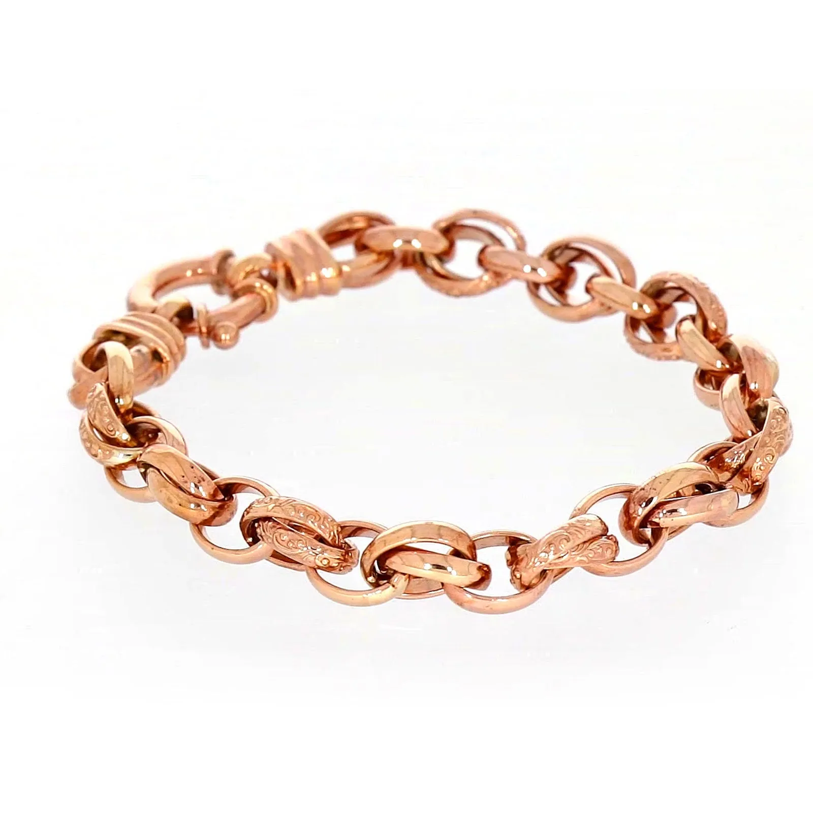 9ct Rose Gold Silver Filled 19cm Belcher Bracelet with Cubic Zirconia & Bolt Ring
