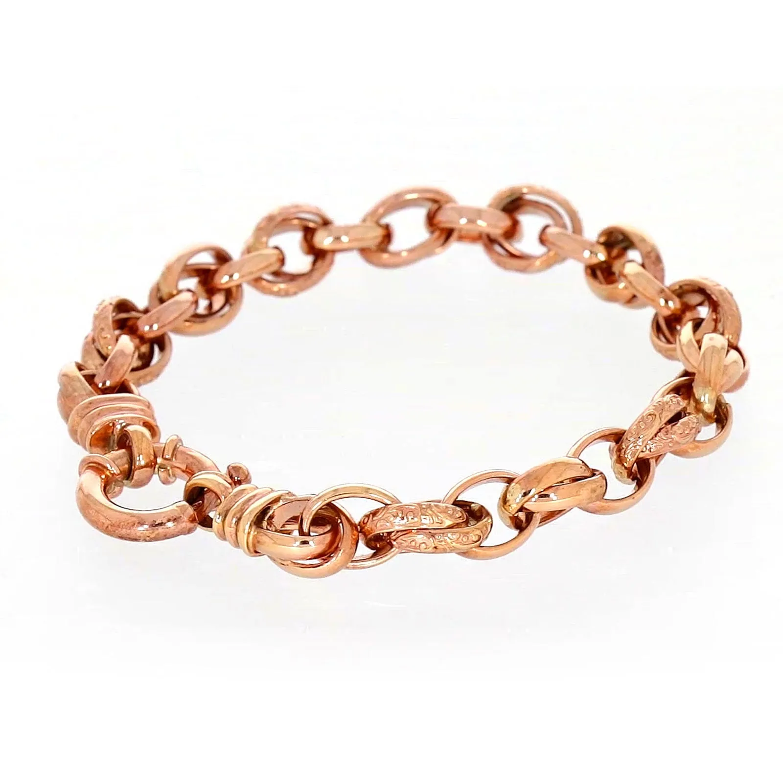 9ct Rose Gold Silver Filled 19cm Belcher Bracelet with Cubic Zirconia & Bolt Ring