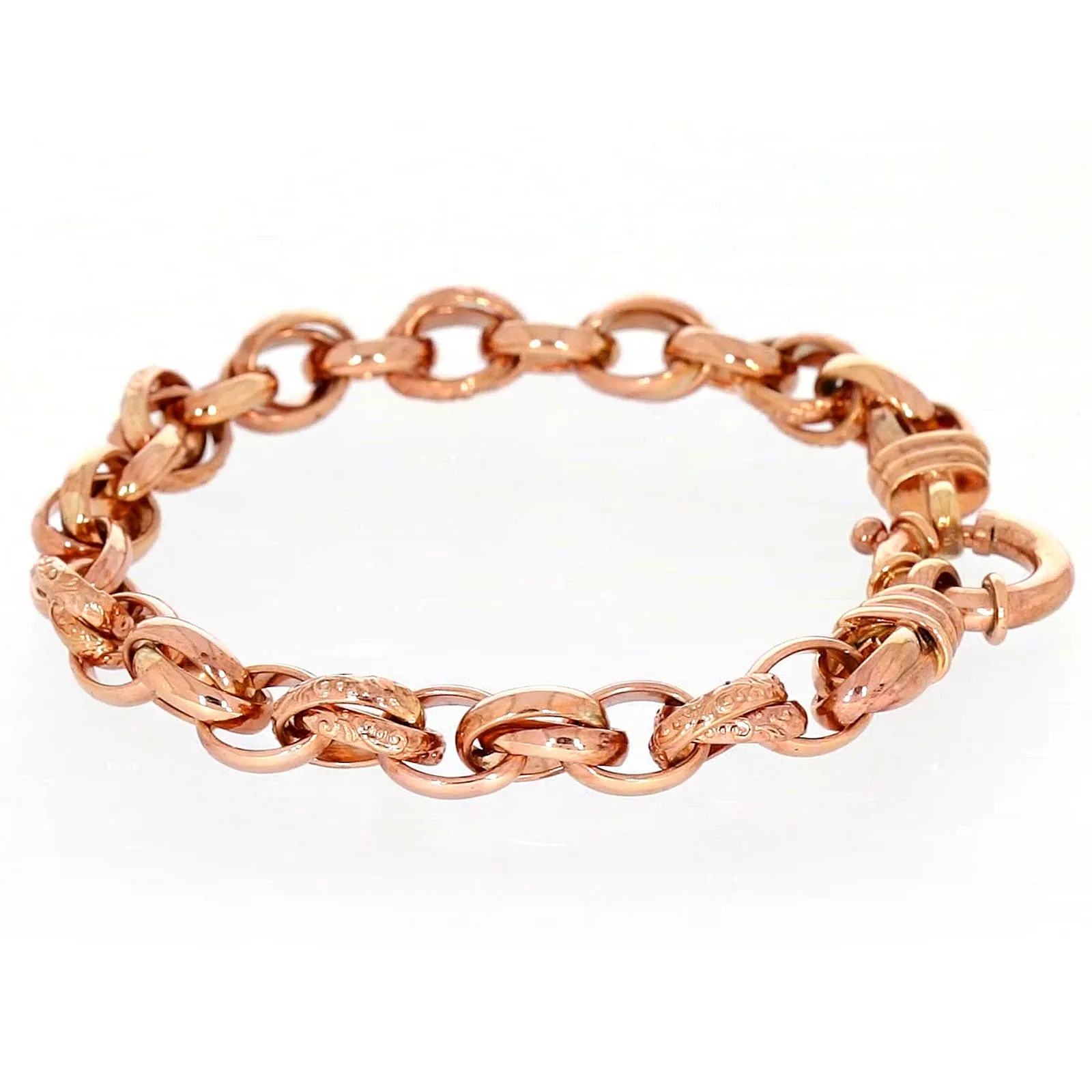 9ct Rose Gold Silver Filled 19cm Belcher Bracelet with Cubic Zirconia & Bolt Ring