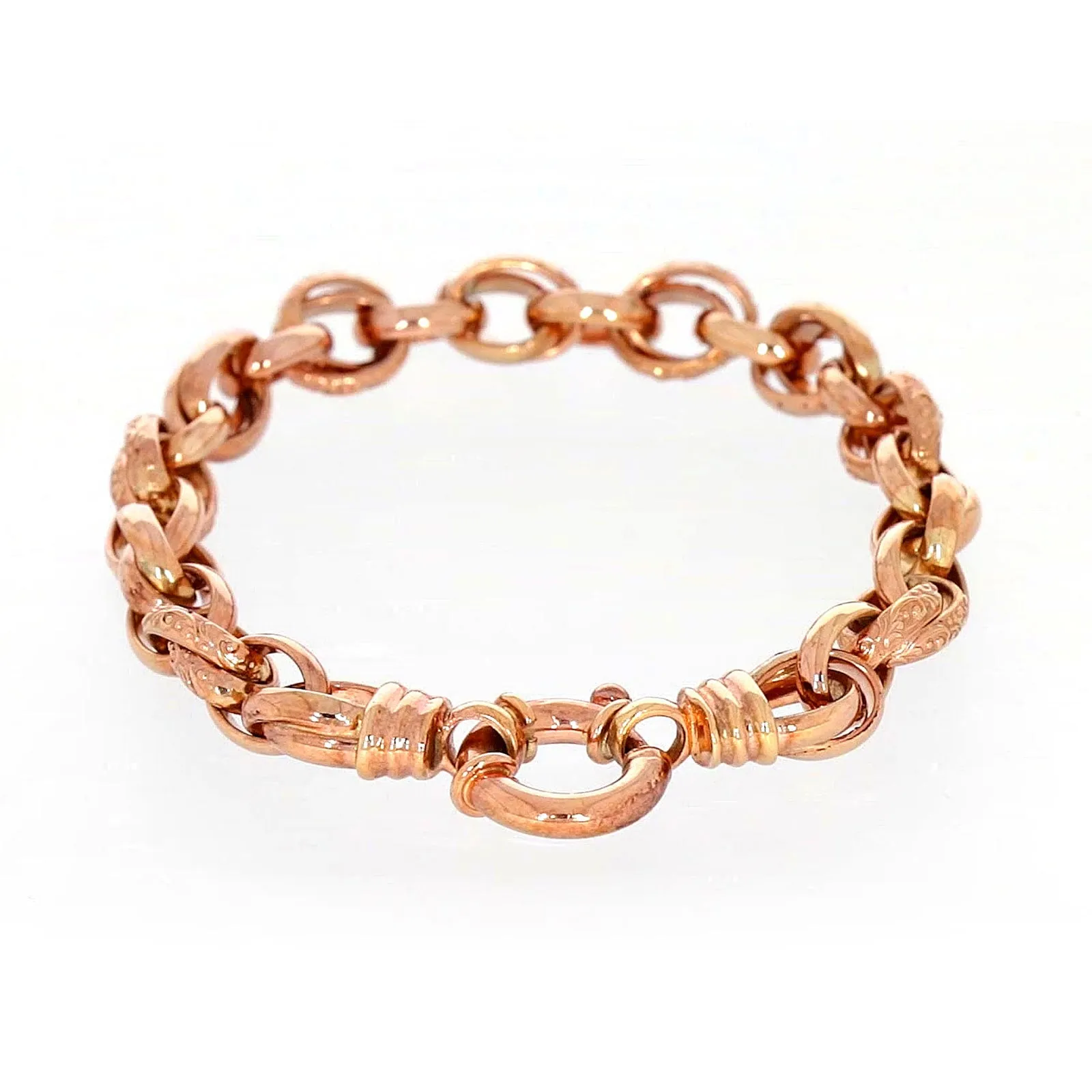 9ct Rose Gold Silver Filled 19cm Belcher Bracelet with Cubic Zirconia & Bolt Ring