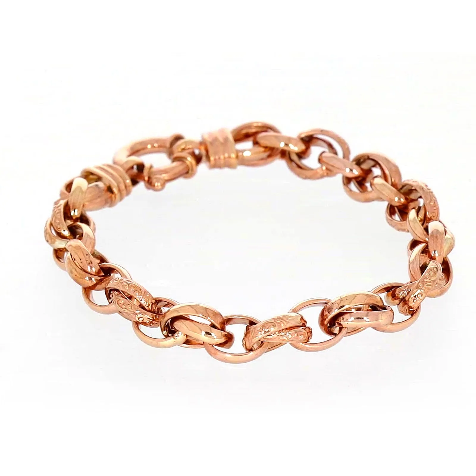9ct Rose Gold Silver Filled 19cm Belcher Bracelet with Cubic Zirconia & Bolt Ring