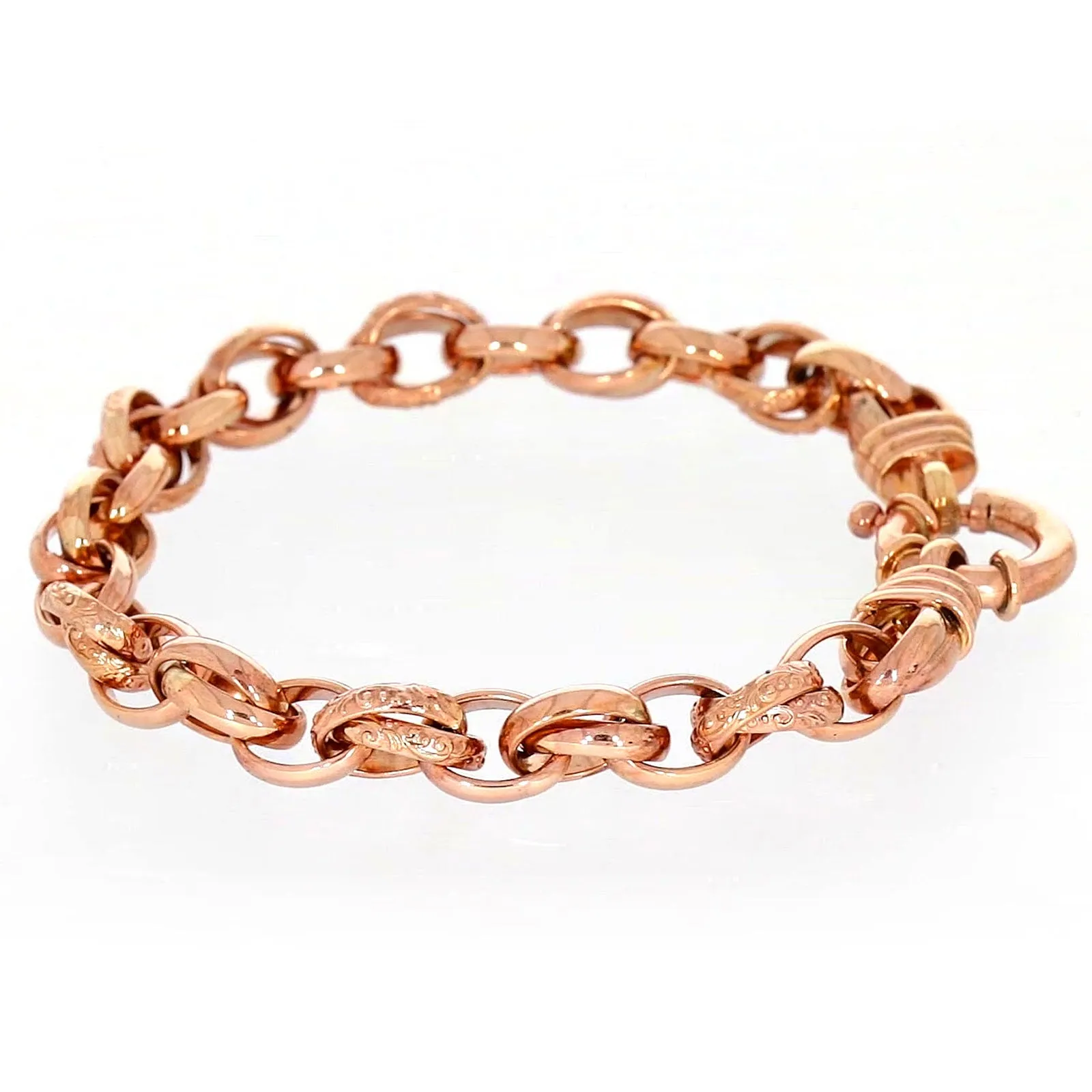 9ct Rose Gold Silver Filled 19cm Belcher Bracelet with Cubic Zirconia & Bolt Ring