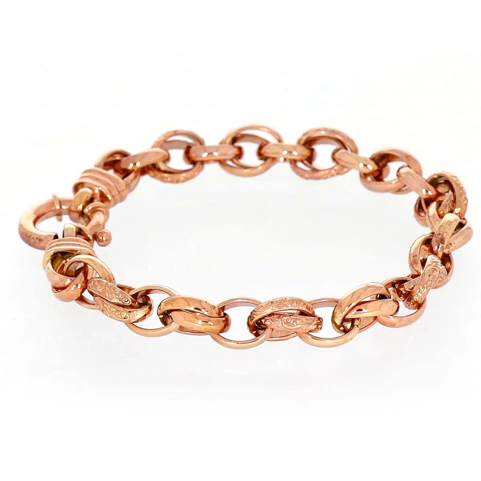 9ct Rose Gold Silver Filled 19cm Belcher Bracelet with Cubic Zirconia & Bolt Ring
