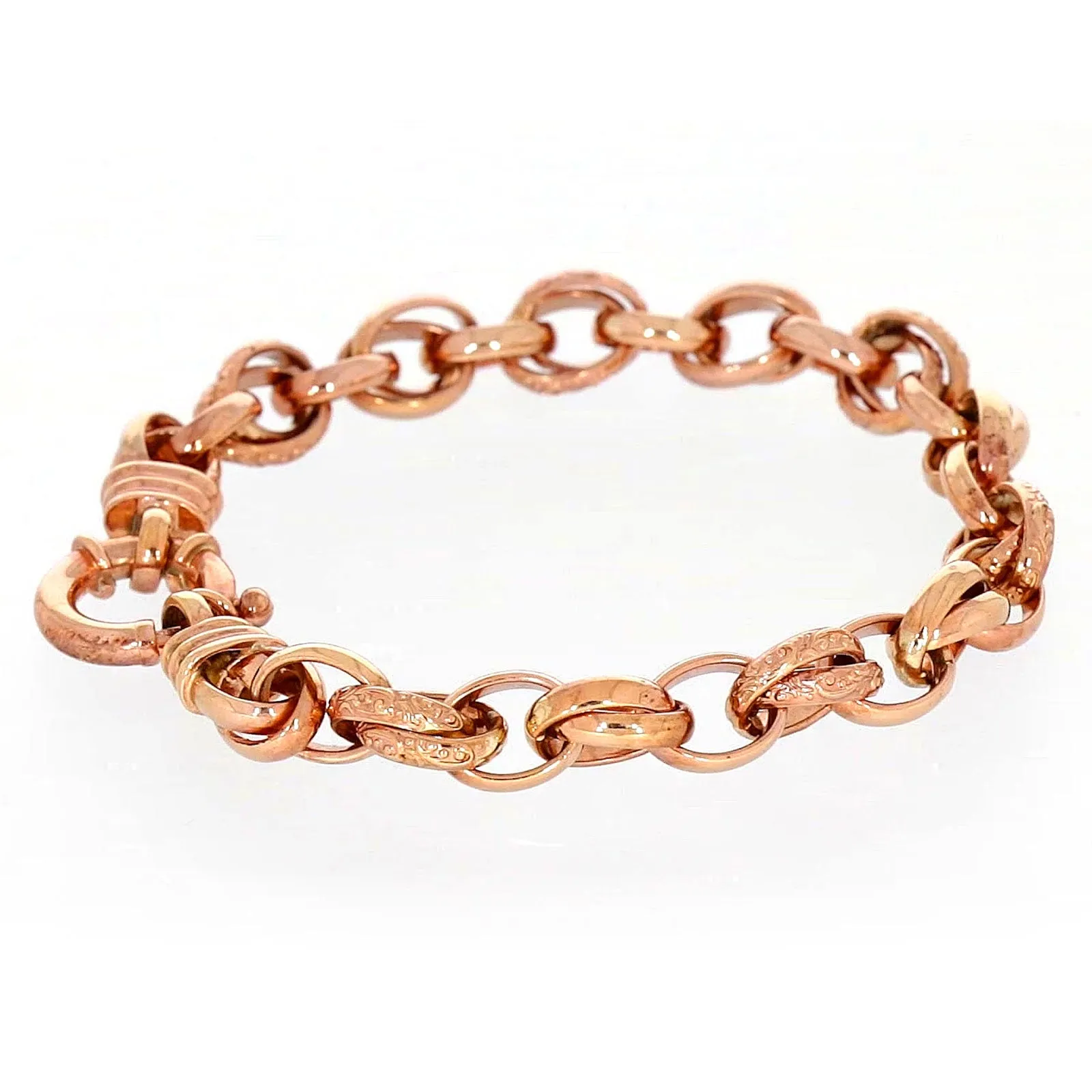 9ct Rose Gold Silver Filled 19cm Belcher Bracelet with Cubic Zirconia & Bolt Ring